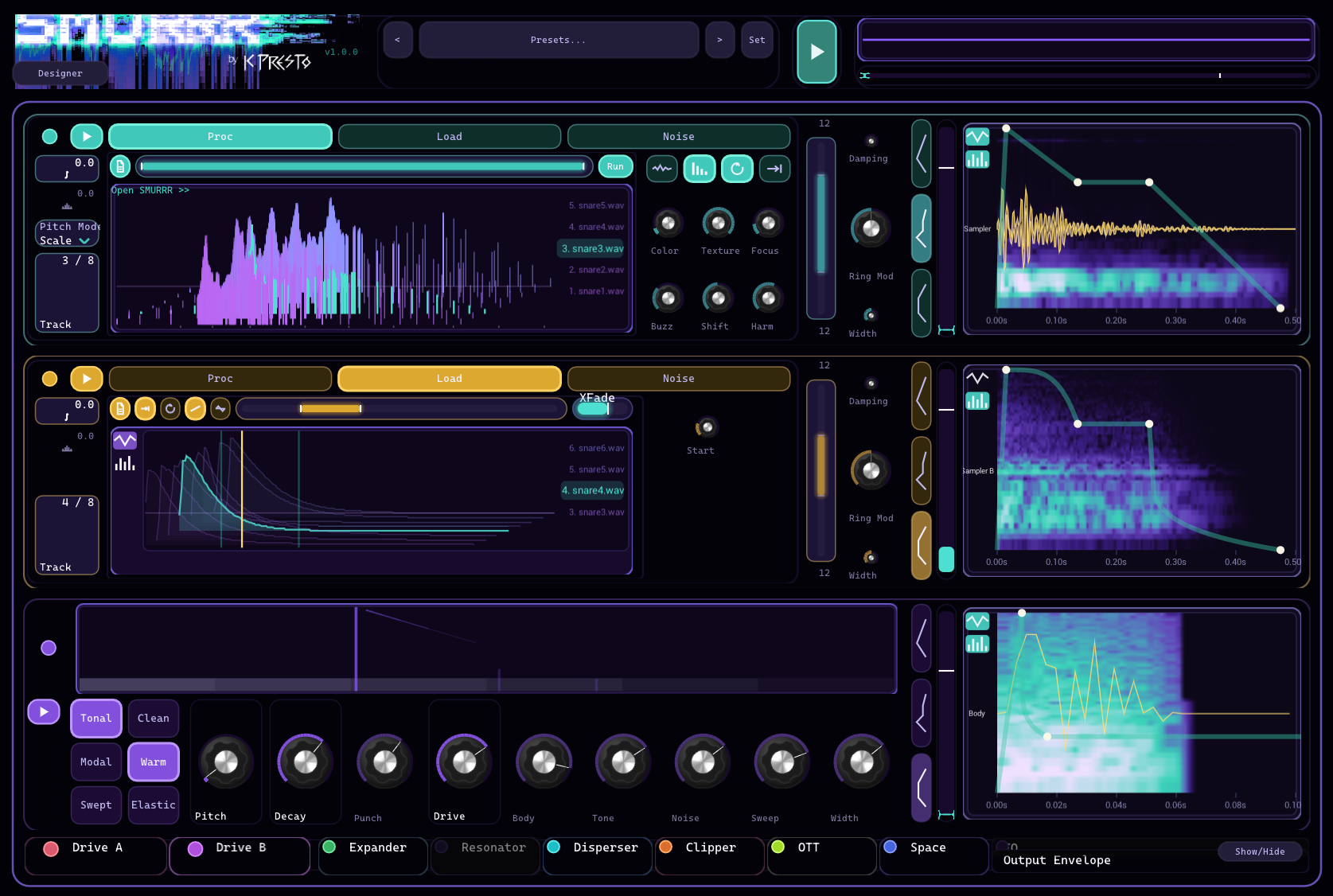 SNURRR sampler page with two samplers, Body and the processing chain